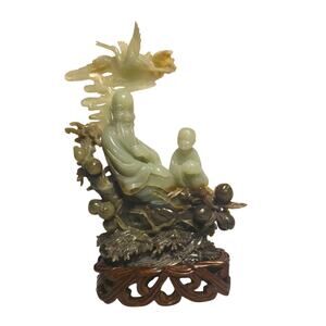 Carved Jade Longevity God Figurine w/ Boy & Stork Symbols of Good Fortune